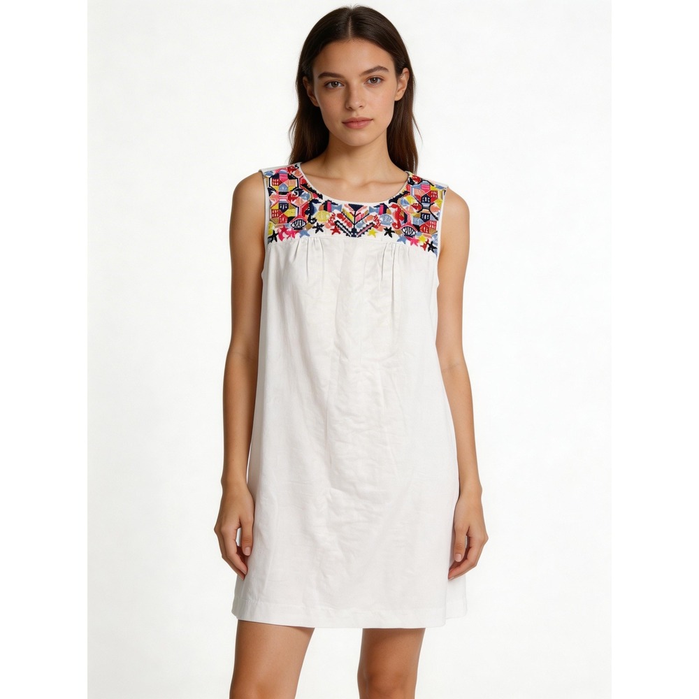 Joules Shift Dress Sz 10 White Embroidered Cotton Linen Sleeveless Pockets Mini